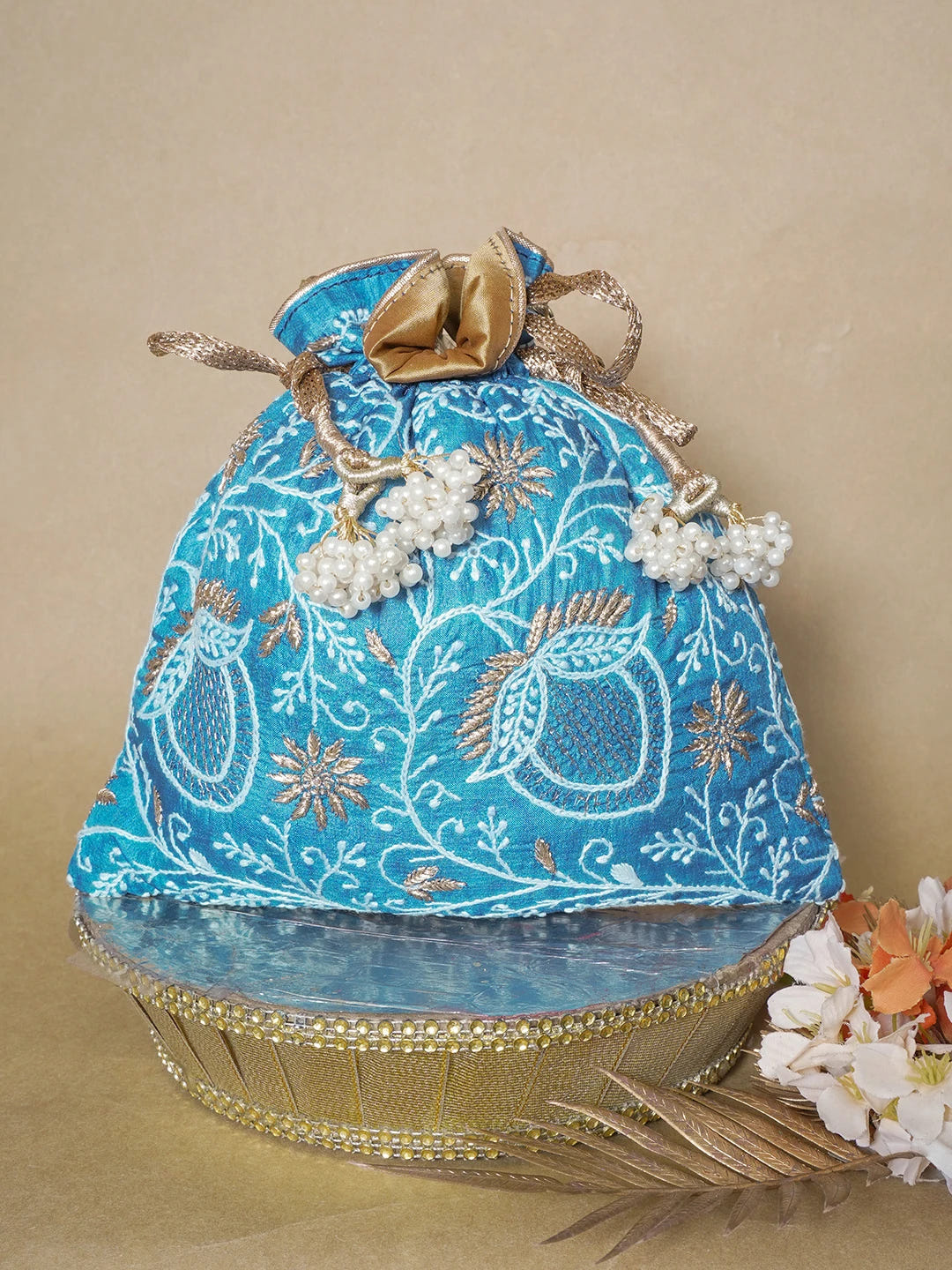 Ada Hand Embroidered Peacock Blue Silk Lucknowi Chikankari Potli Bag With Zari Work 01A636052