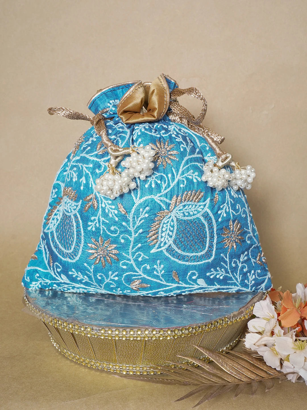 Ada Hand Embroidered Peacock Blue Silk Lucknowi Chikankari Potli Bag With Zari Work 01A636052