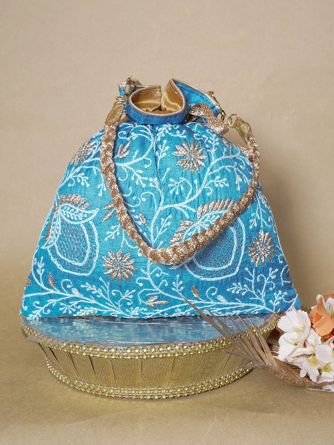 Ada Hand Embroidered Peacock Blue Silk Lucknowi Chikankari Potli Bag With Zari Work 01A636052