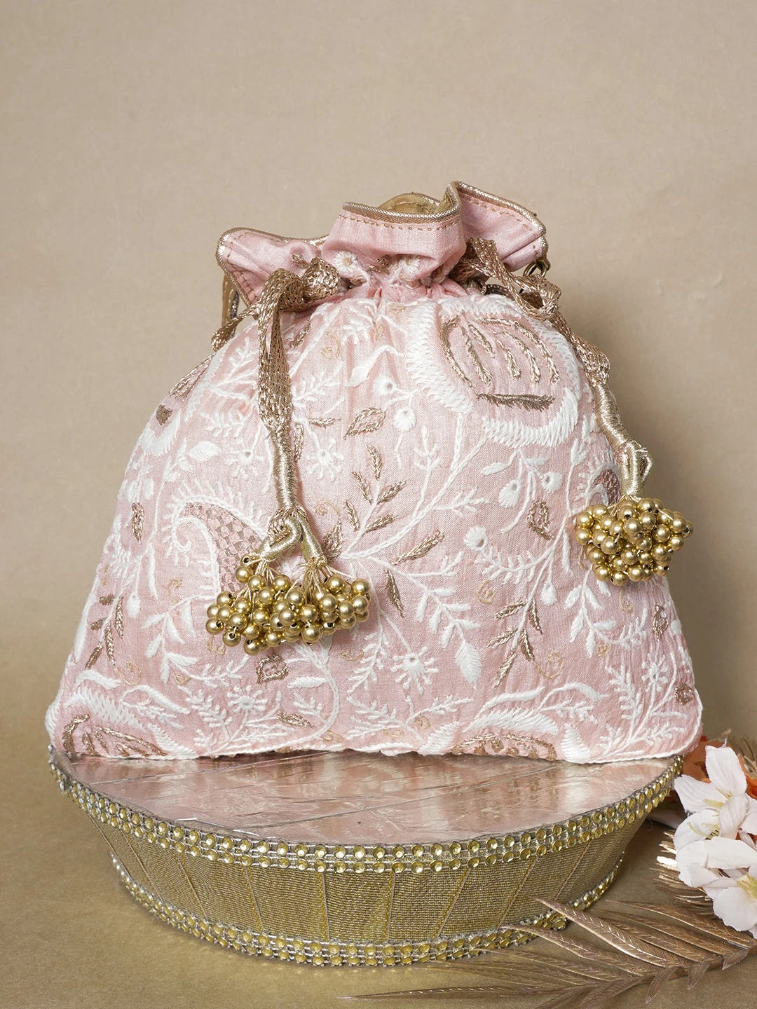 Ada Hand Embroidered Peach Silk Lucknowi Chikankari Potli Bag With Zari Work 01A643579