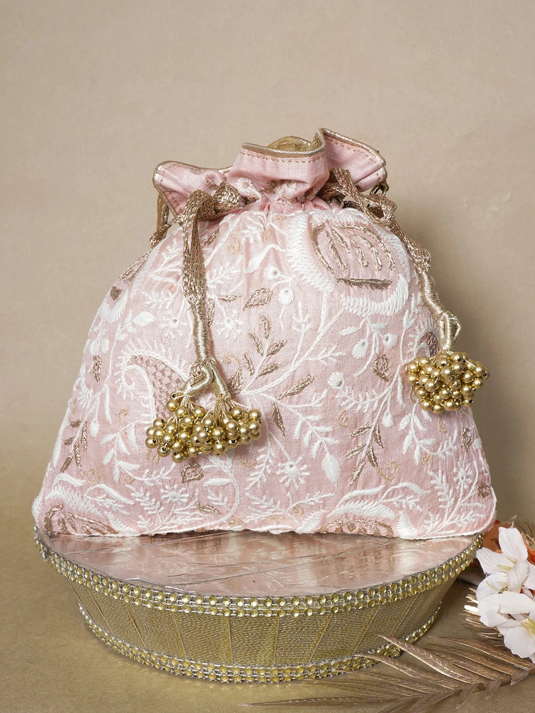 Ada Hand Embroidered Peach Silk Lucknowi Chikankari Potli Bag With Zari Work 01A643579