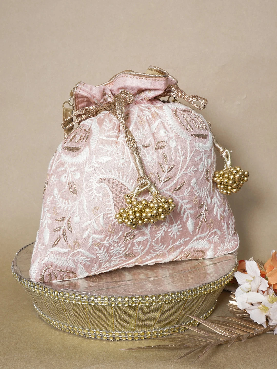 Ada Hand Embroidered Peach Silk Lucknowi Chikankari Potli Bag With Zari Work 01A643579
