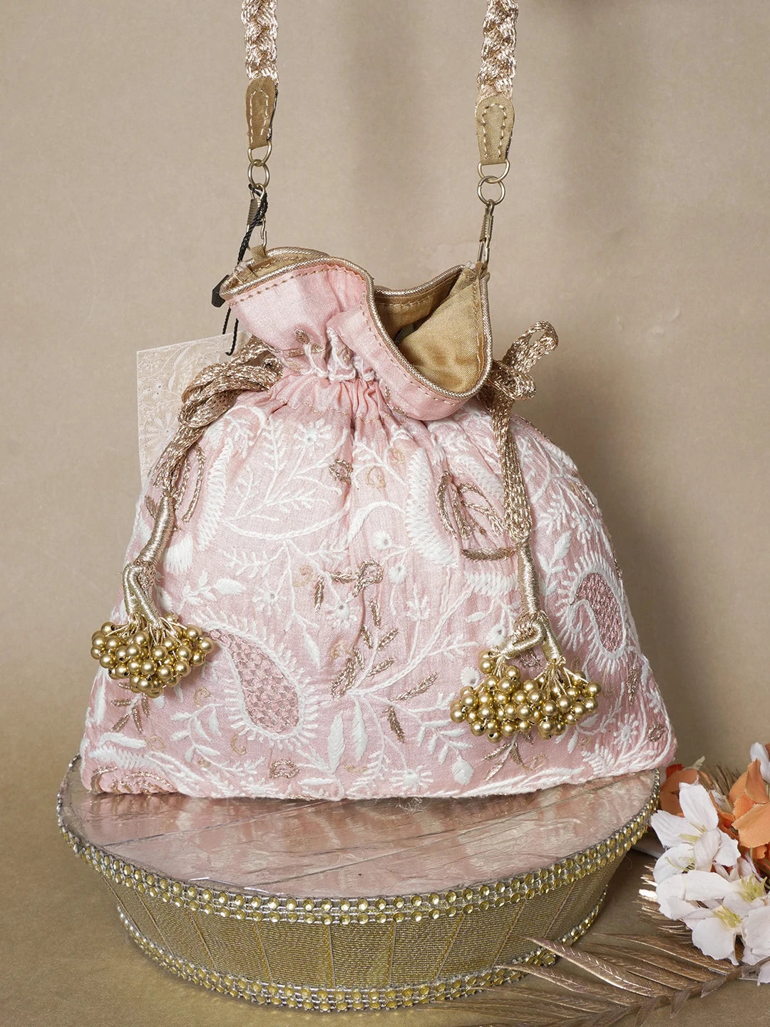 Ada Hand Embroidered Peach Silk Lucknowi Chikankari Potli Bag With Zari Work 01A643579
