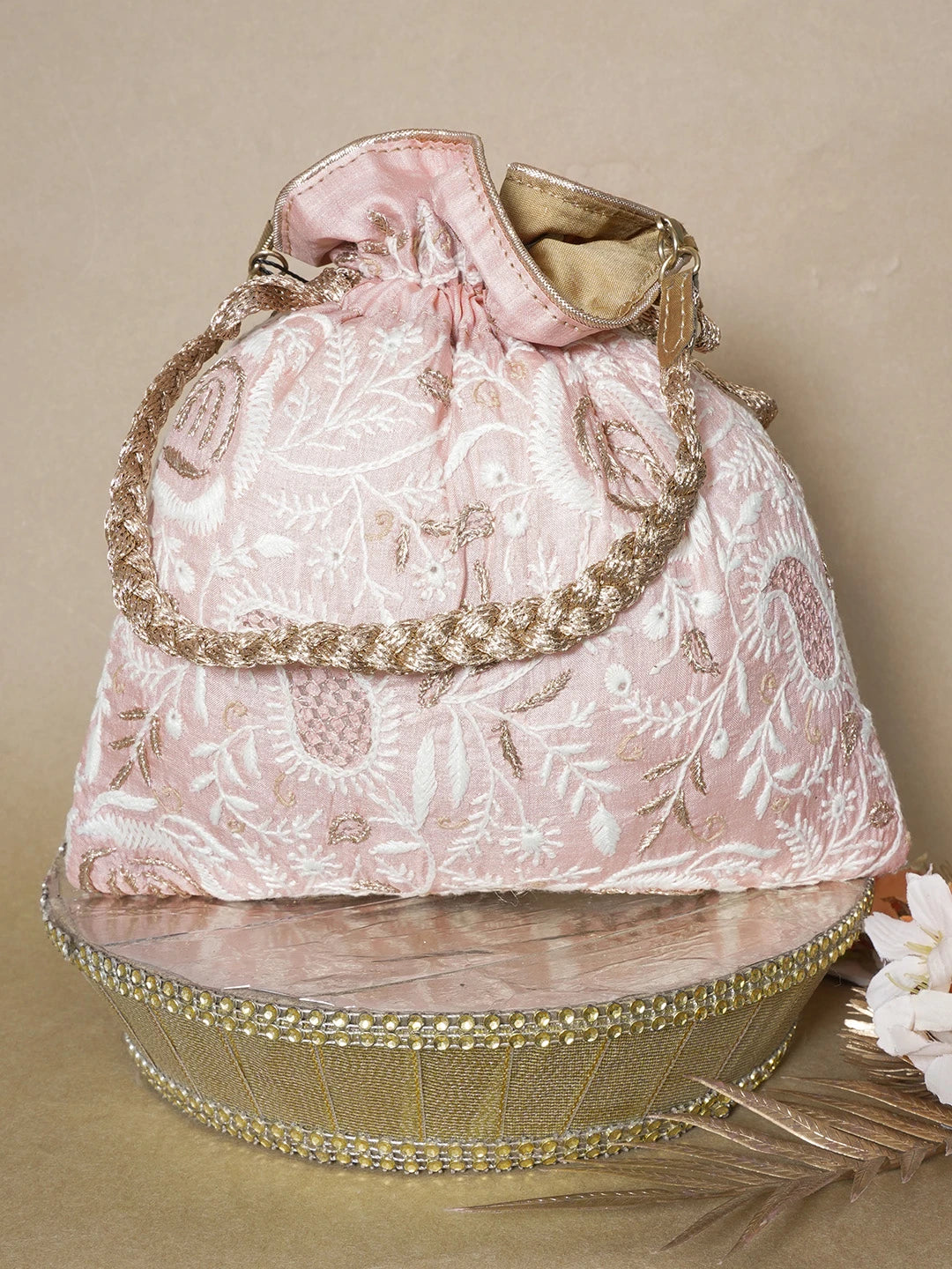 Ada Hand Embroidered Peach Silk Lucknowi Chikankari Potli Bag With Zari Work 01A643579