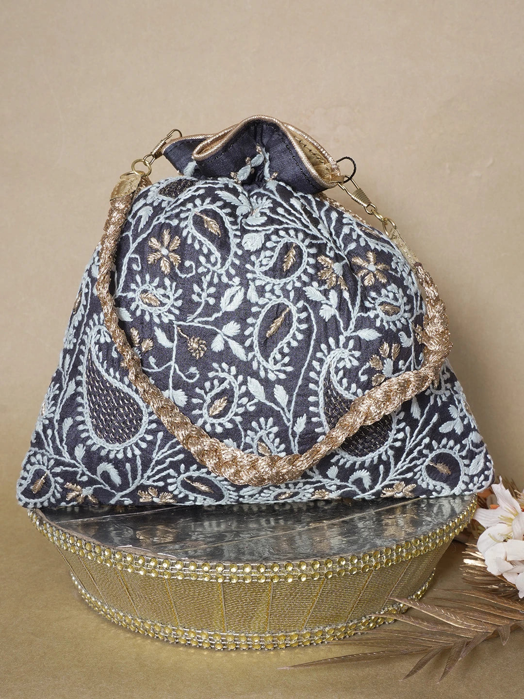 Ada Hand Embroidered Black Silk Lucknowi Chikankari Potli Bag With Zari Work 01A636048