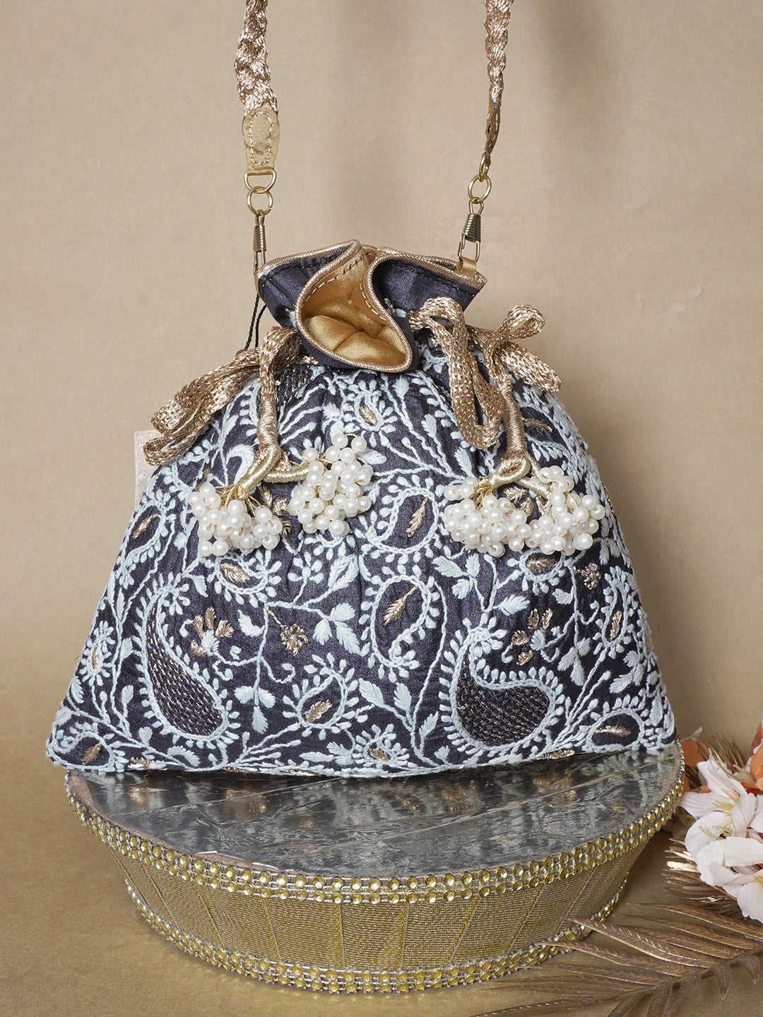 Ada Hand Embroidered Black Silk Lucknowi Chikankari Potli Bag With Zari Work 01A636048