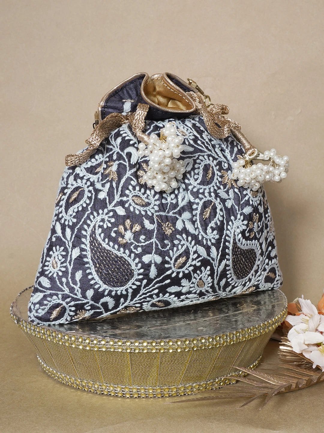 Ada Hand Embroidered Black Silk Lucknowi Chikankari Potli Bag With Zari Work 01A636048