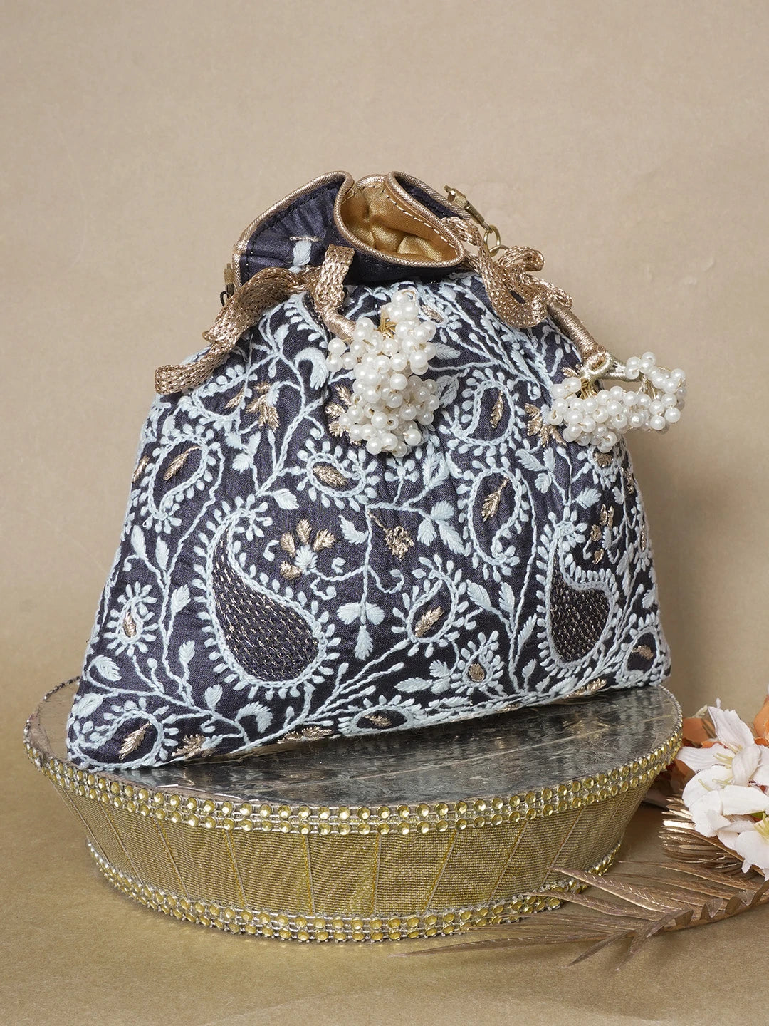 Ada Hand Embroidered Black Silk Lucknowi Chikankari Potli Bag With Zari Work 01A636048