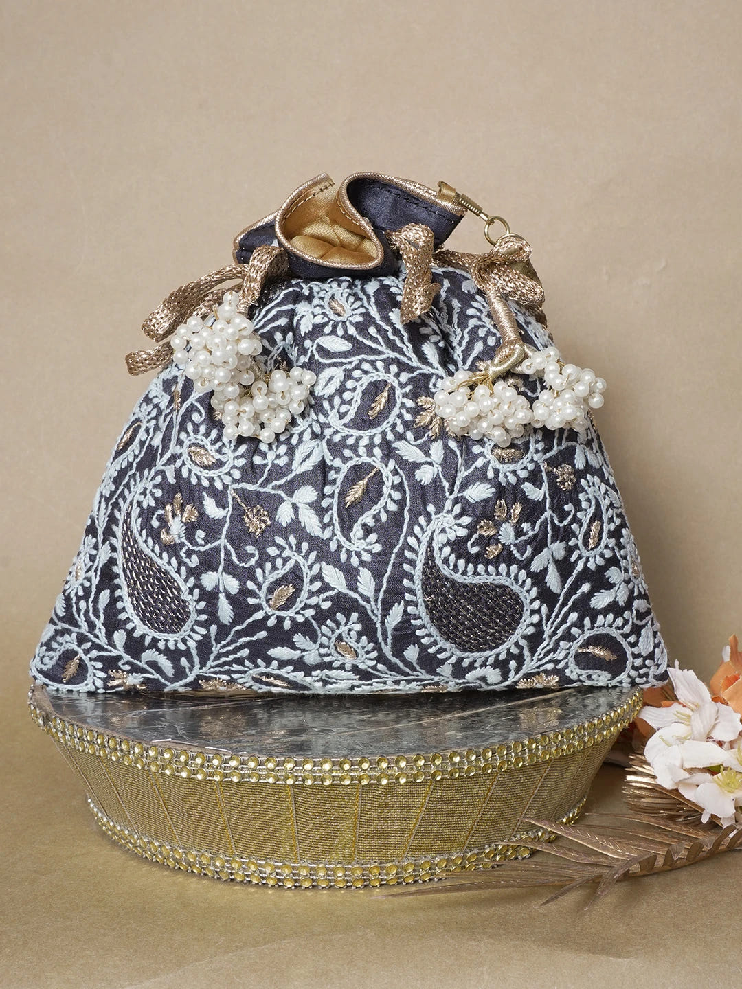 Ada Hand Embroidered Black Silk Lucknowi Chikankari Potli Bag With Zari Work 01A636048