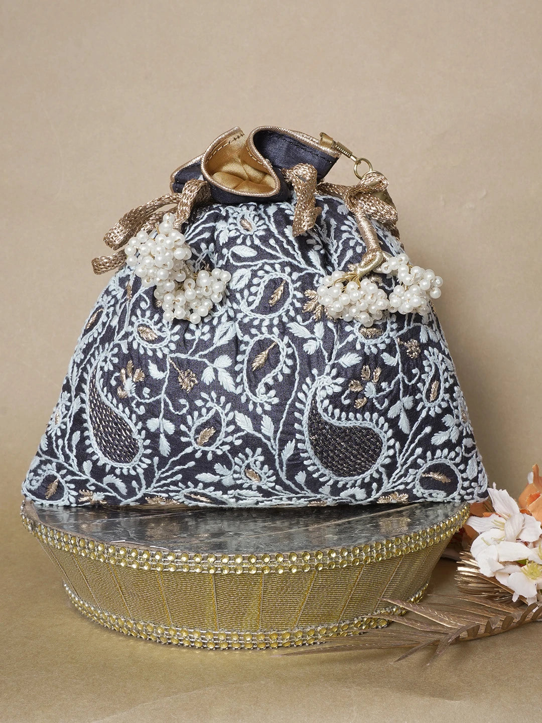 Ada Hand Embroidered Black Silk Lucknowi Chikankari Potli Bag With Zari Work 01A636048