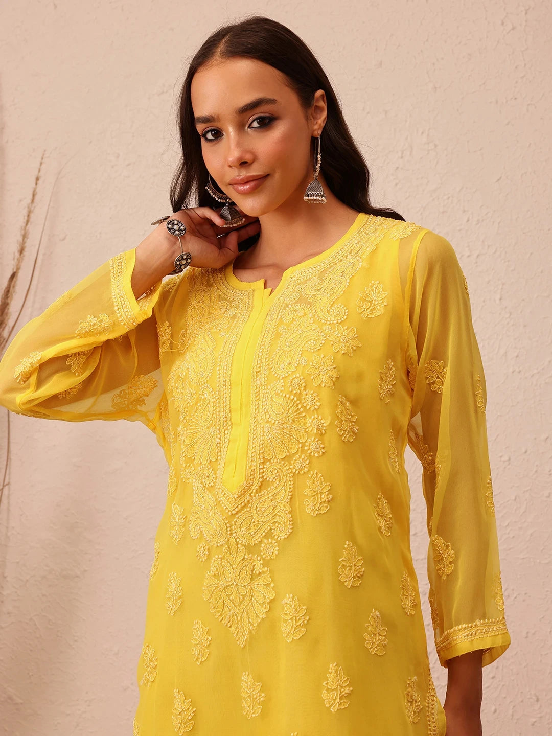 Ada Hand Embroidered Yellow Georgette Lucknowi Chikankari Straight Kurta With Slip A100281