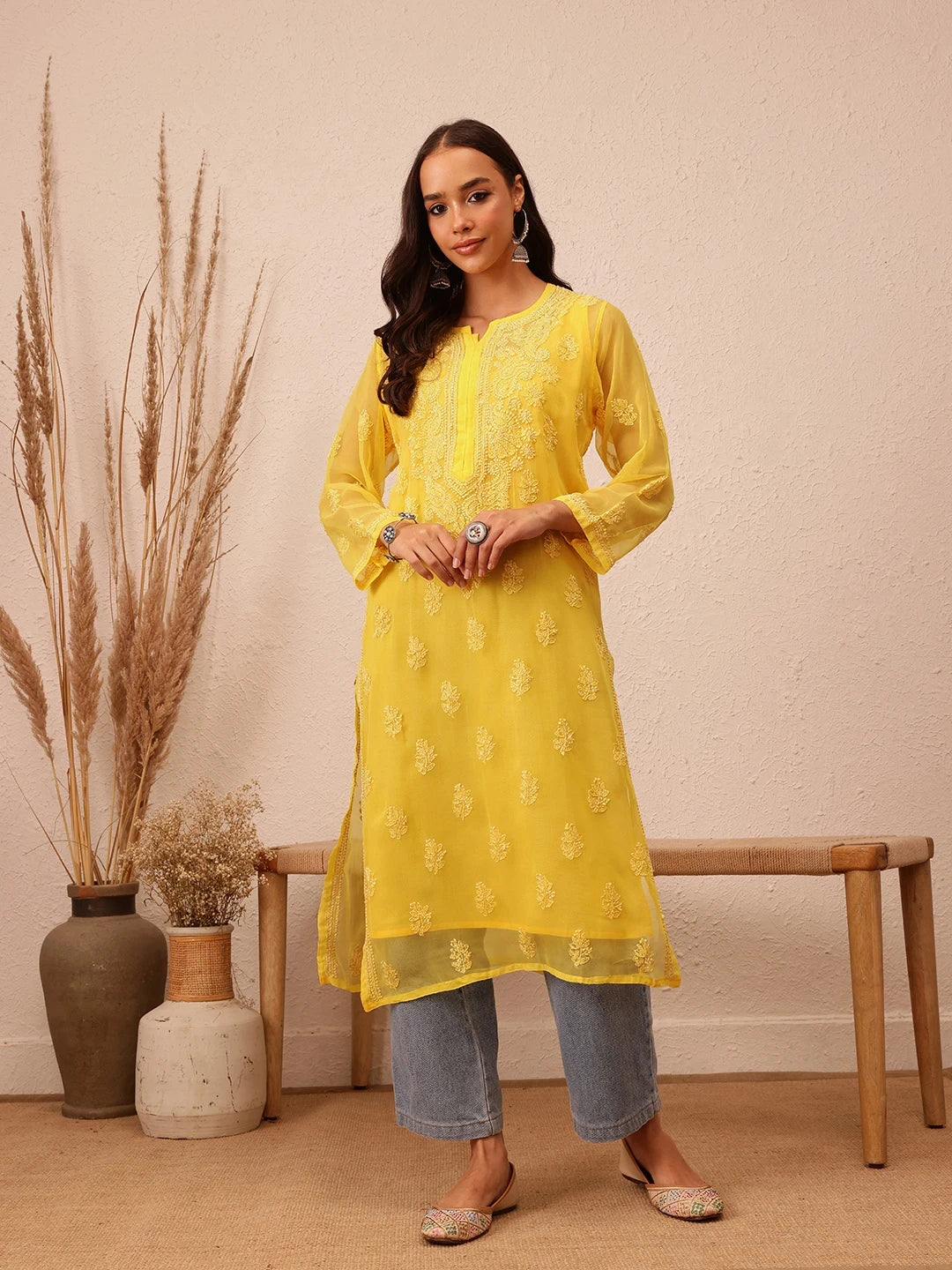 Ada Hand Embroidered Yellow Georgette Lucknowi Chikankari Straight Kurta With Slip A100281