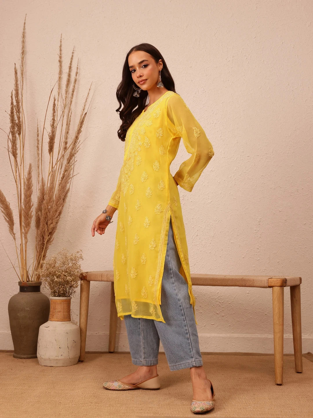 Ada Hand Embroidered Yellow Georgette Lucknowi Chikankari Straight Kurta With Slip A100281