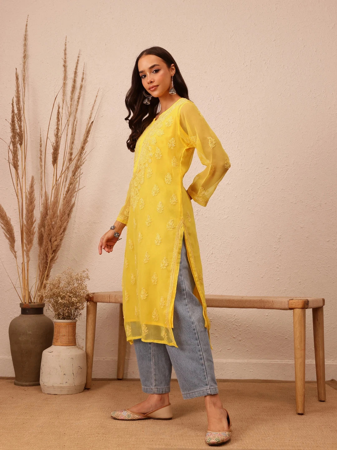 Ada Hand Embroidered Yellow Georgette Lucknowi Chikankari Straight Kurta With Slip A100281