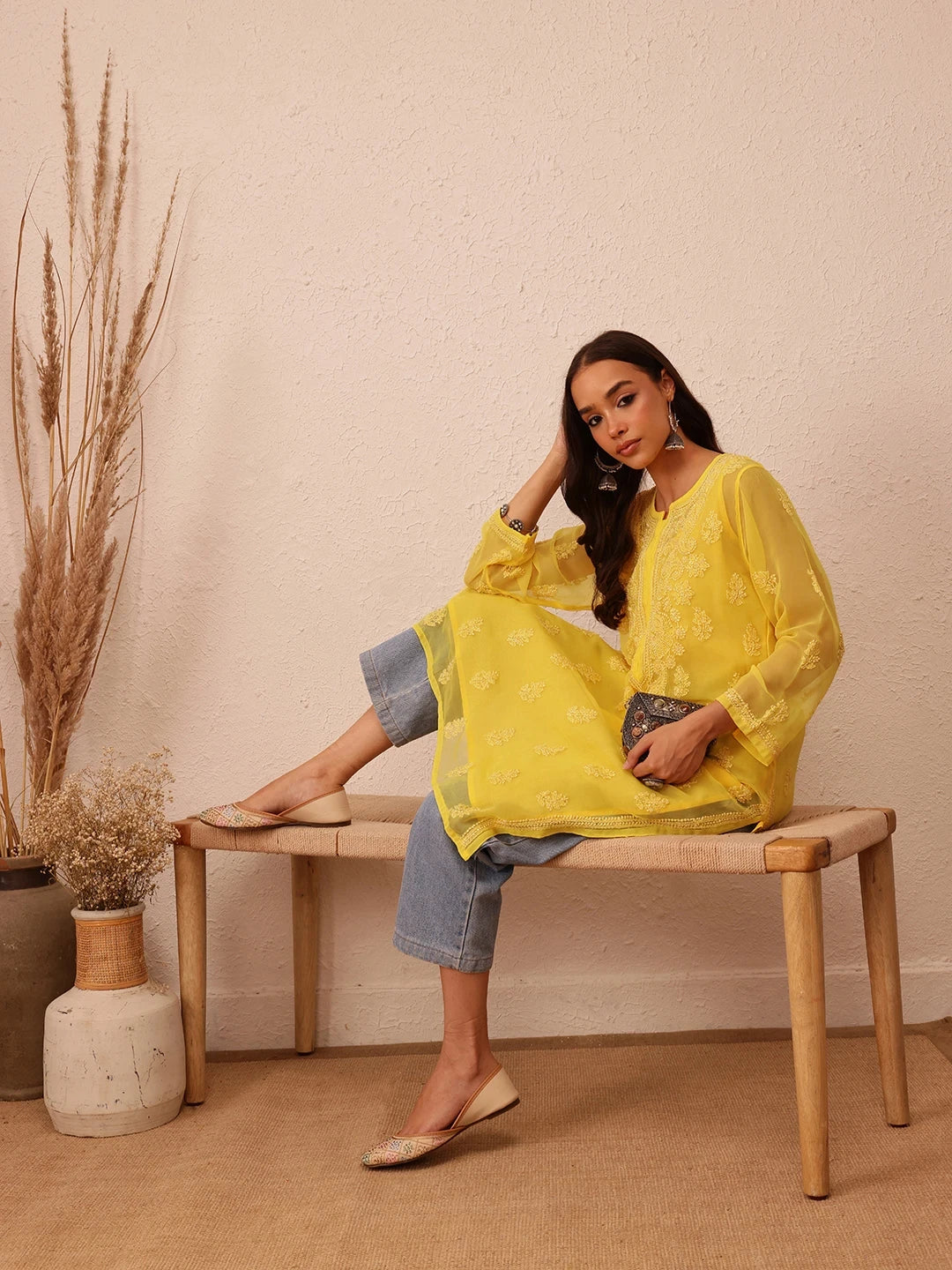 Ada Hand Embroidered Yellow Georgette Lucknowi Chikankari Straight Kurta With Slip A100281