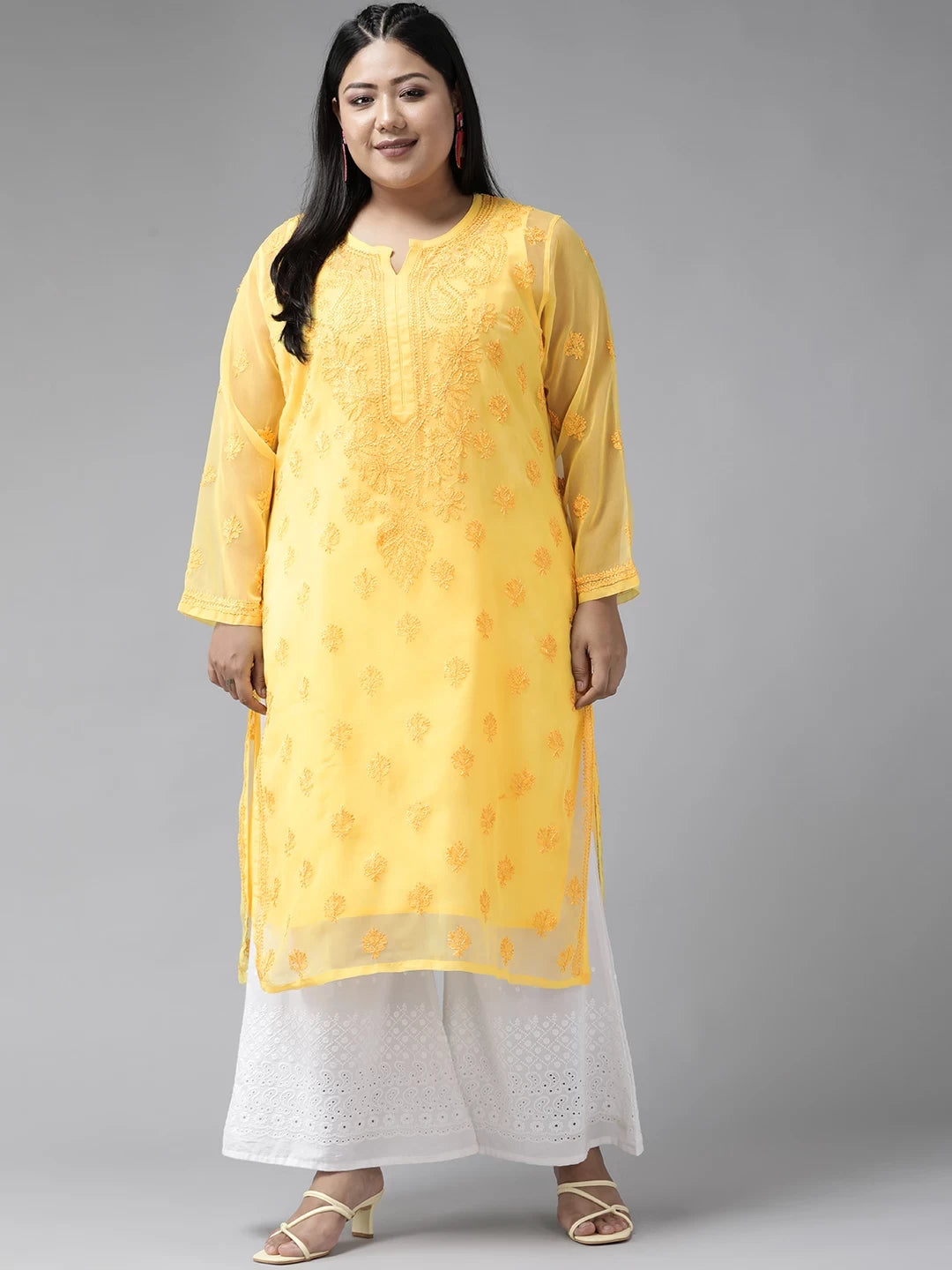 Ada Hand Embroidered Yellow Georgette Lucknowi Chikankari Straight Kurta With Slip A100281