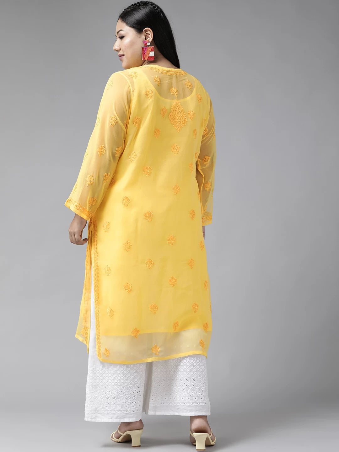Ada Hand Embroidered Yellow Georgette Lucknowi Chikankari Straight Kurta With Slip A100281