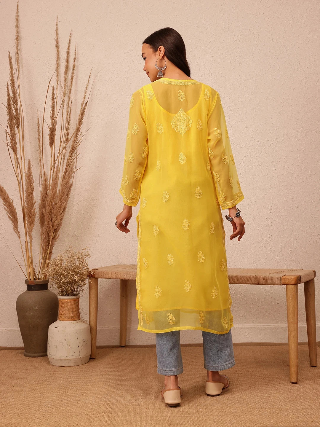 Ada Hand Embroidered Yellow Georgette Lucknowi Chikankari Straight Kurta With Slip A100281