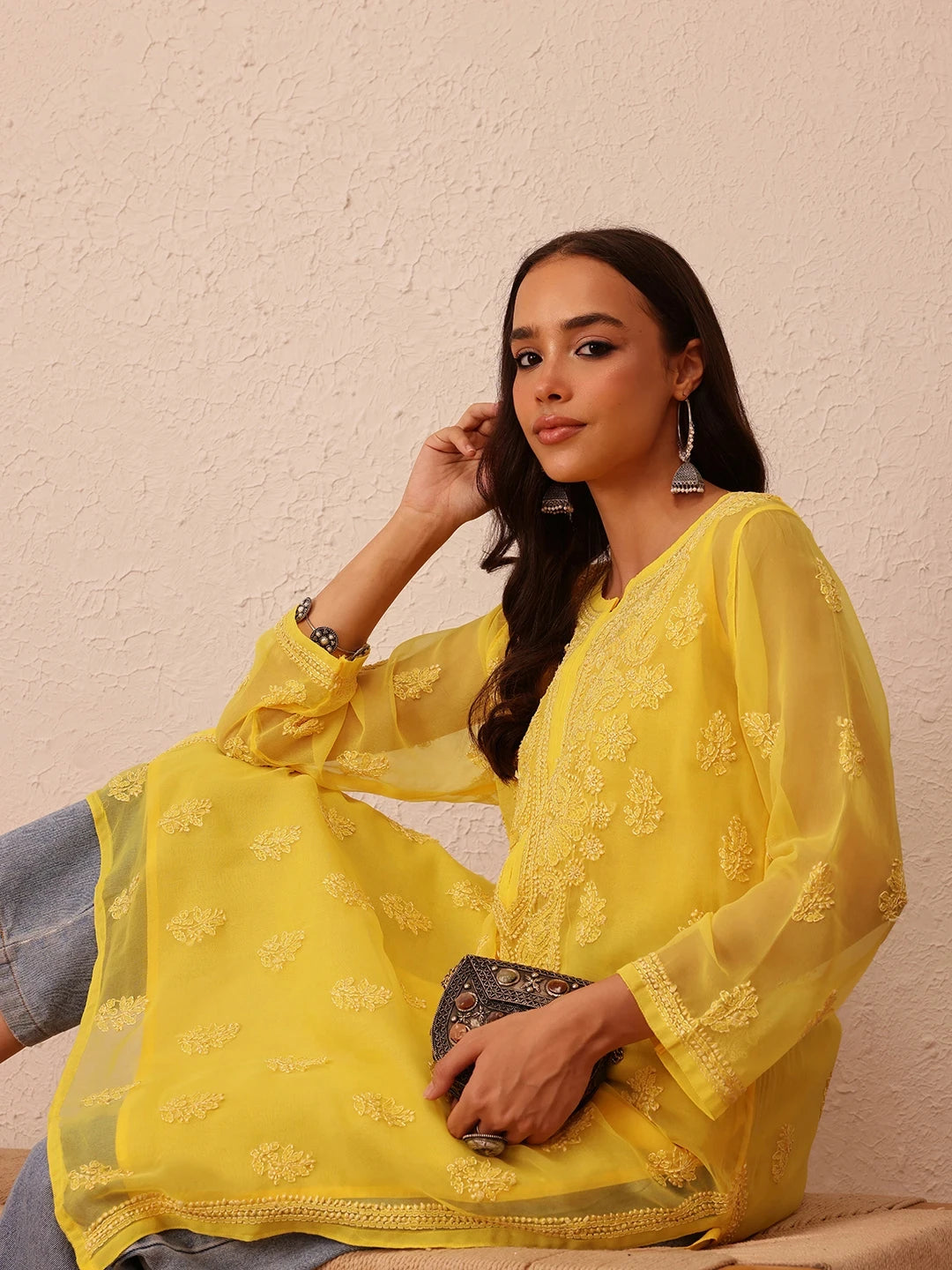 Ada Hand Embroidered Yellow Georgette Lucknowi Chikankari Straight Kurta With Slip A100281