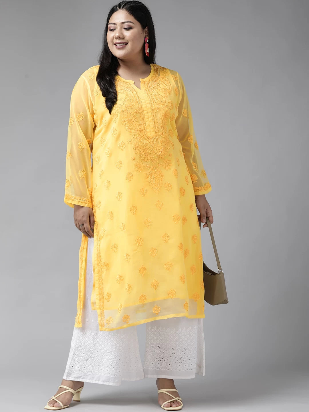 Ada Hand Embroidered Yellow Georgette Lucknowi Chikankari Straight Kurta With Slip A100281