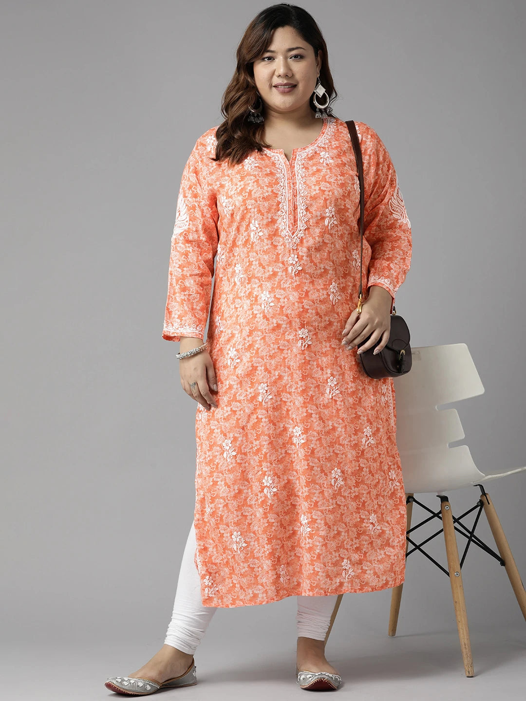 Ada Hand Embroidered Peach Cotton Lucknow Chikankari Kurta A411383