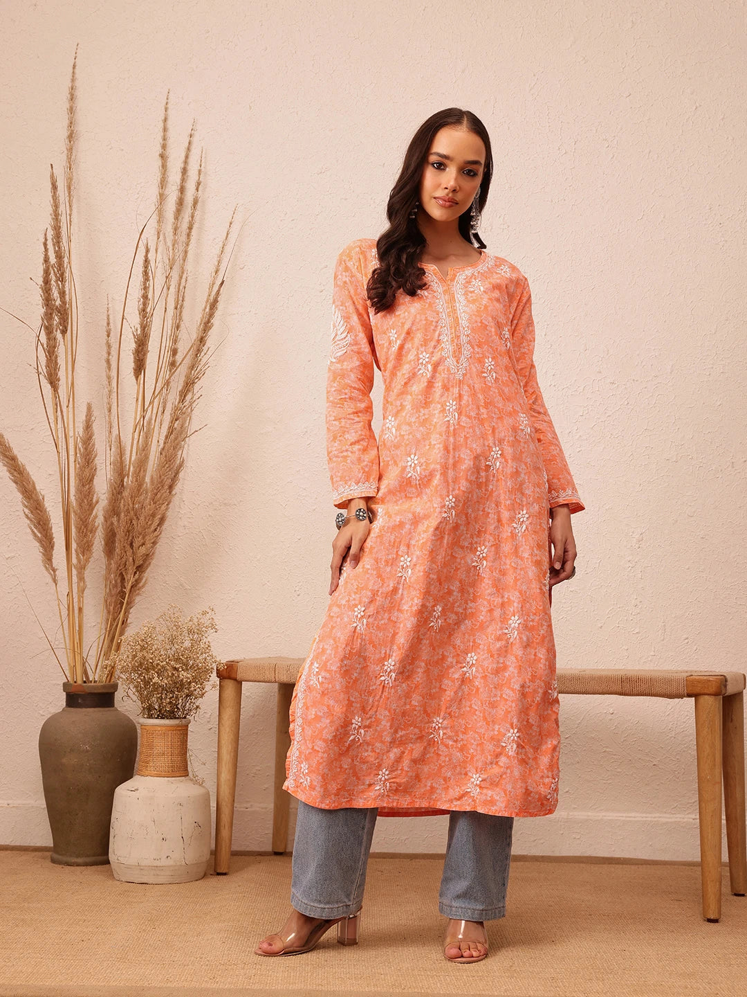 Ada Hand Embroidered Peach Cotton Lucknow Chikankari Kurta A411383