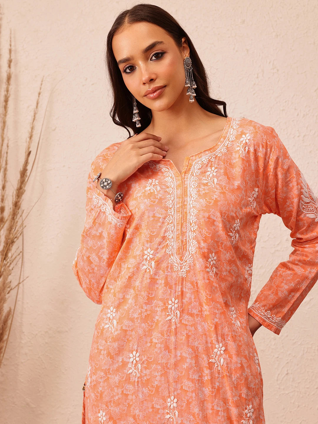 Ada Hand Embroidered Peach Cotton Lucknow Chikankari Kurta A411383