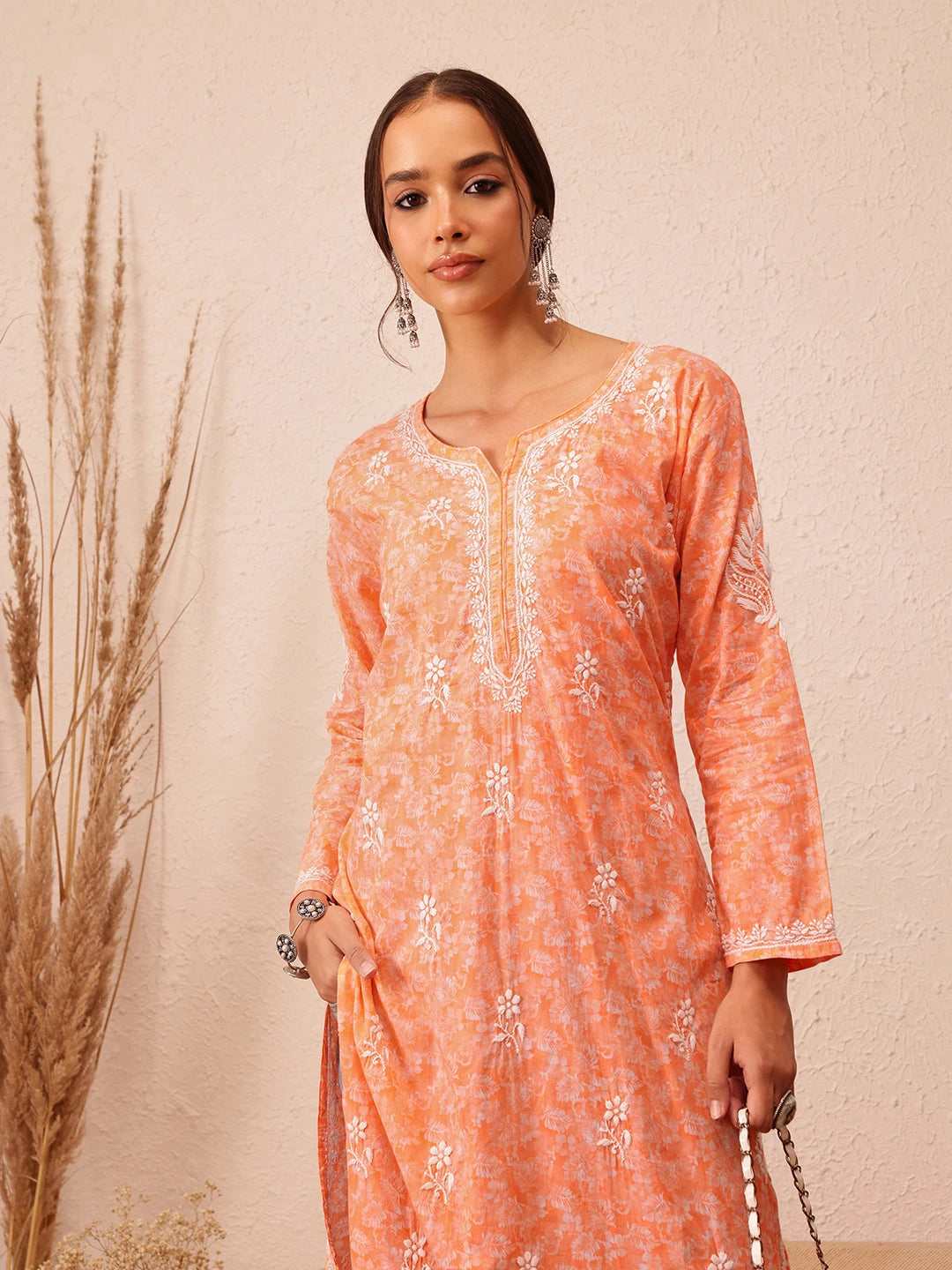 Ada Hand Embroidered Peach Cotton Lucknow Chikankari Kurta A411383
