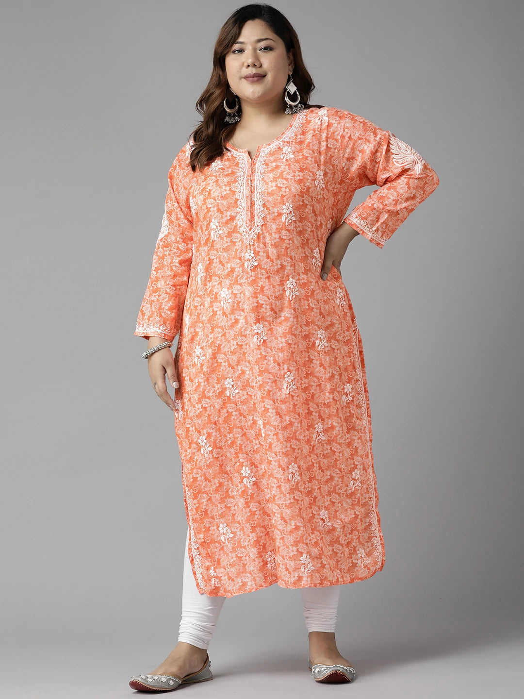 Ada Hand Embroidered Peach Cotton Lucknow Chikankari Kurta A411383