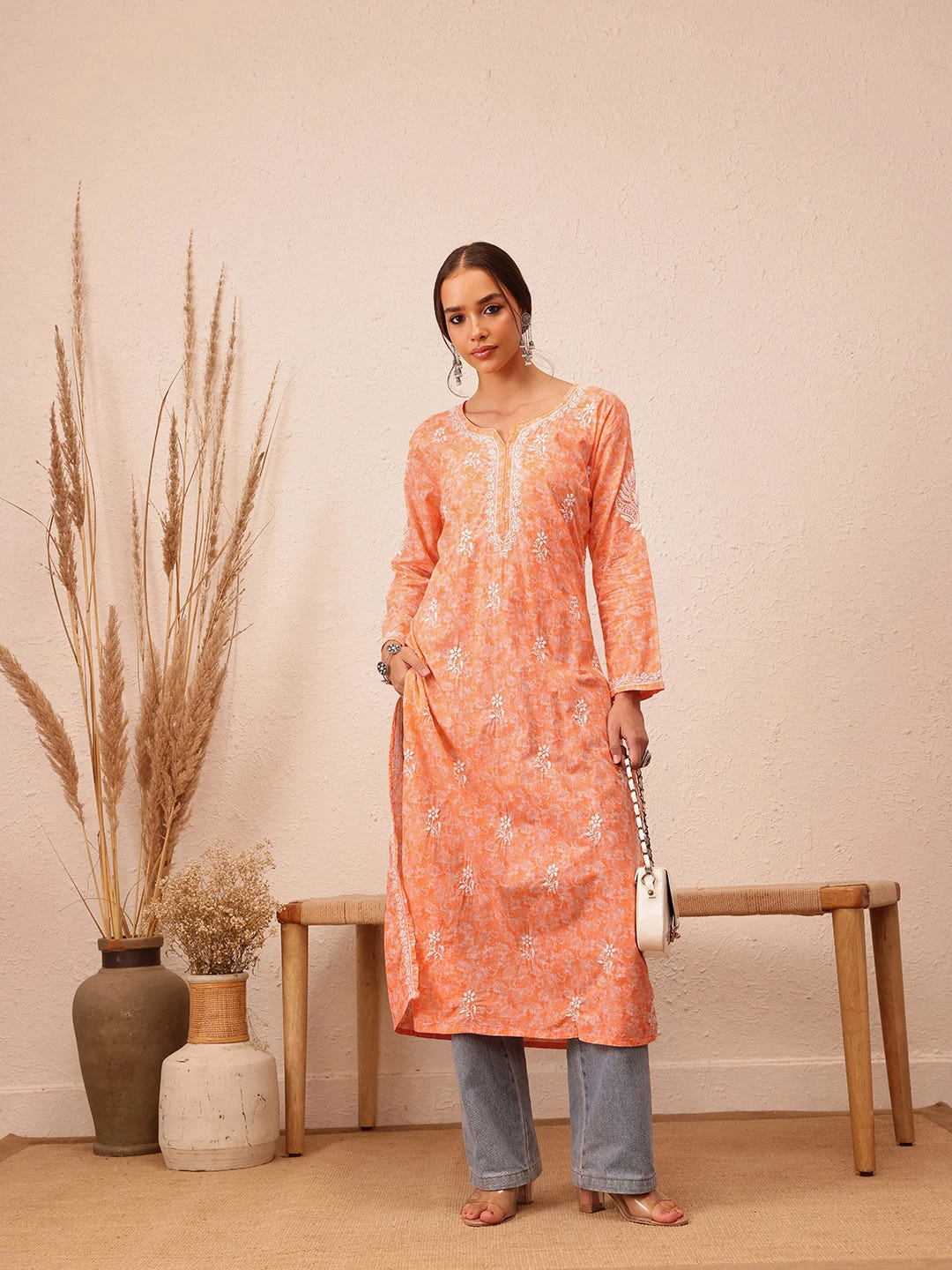 Ada Hand Embroidered Peach Cotton Lucknow Chikankari Kurta A411383