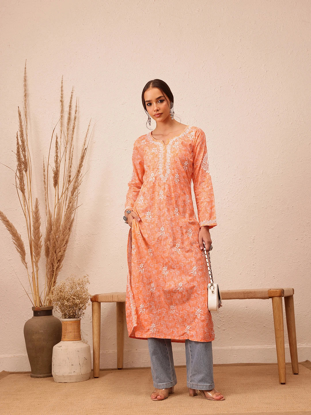 Ada Hand Embroidered Peach Cotton Lucknow Chikankari Kurta A411383