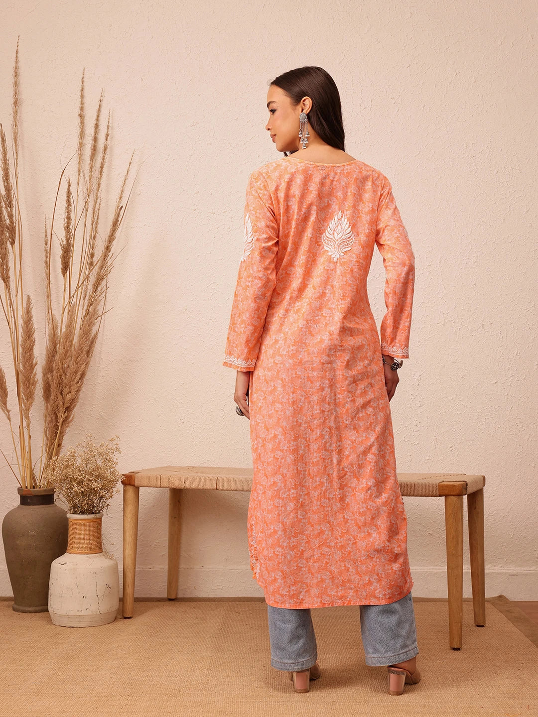 Ada Hand Embroidered Peach Cotton Lucknow Chikankari Kurta A411383