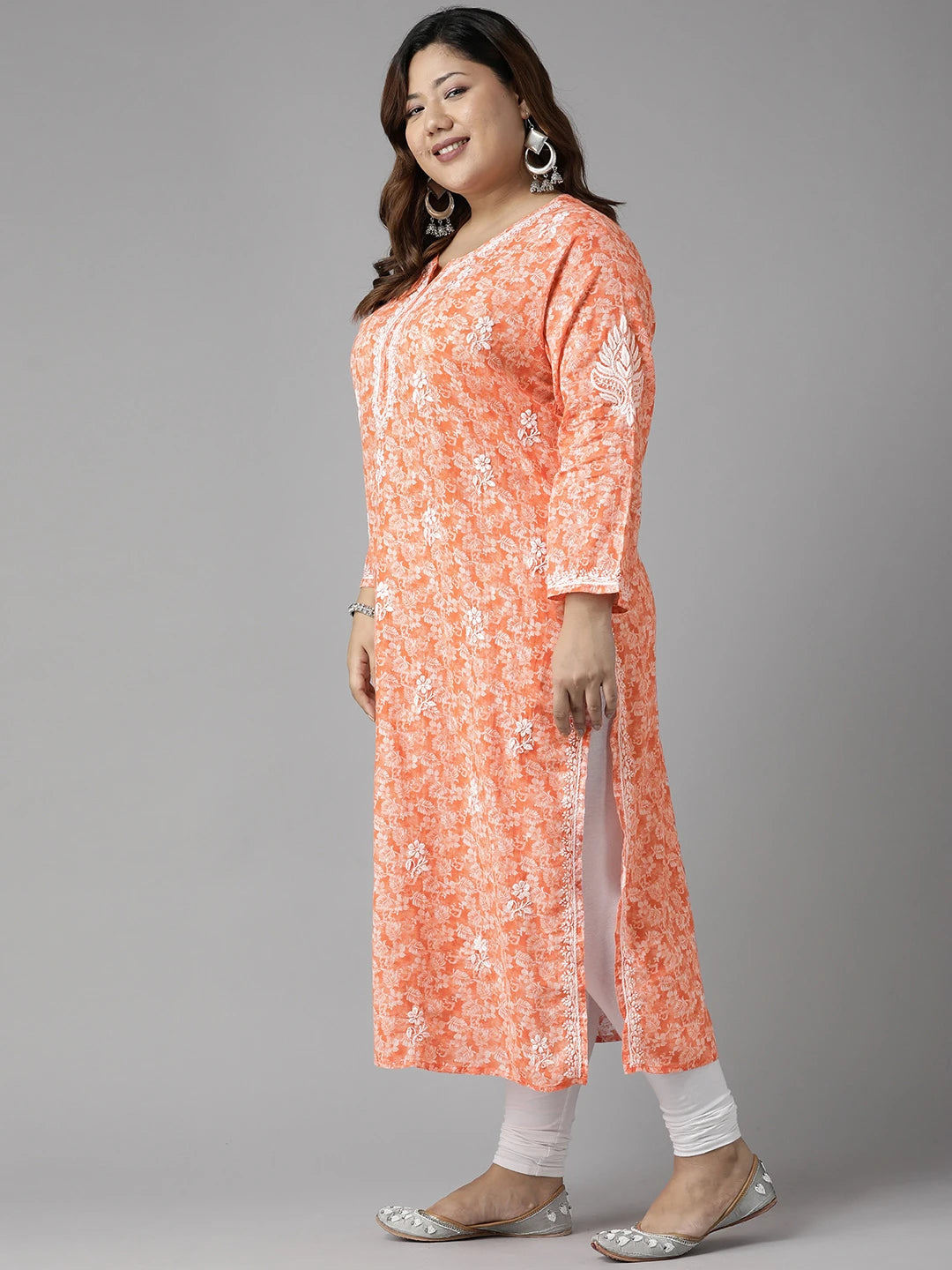 Ada Hand Embroidered Peach Cotton Lucknow Chikankari Kurta A411383