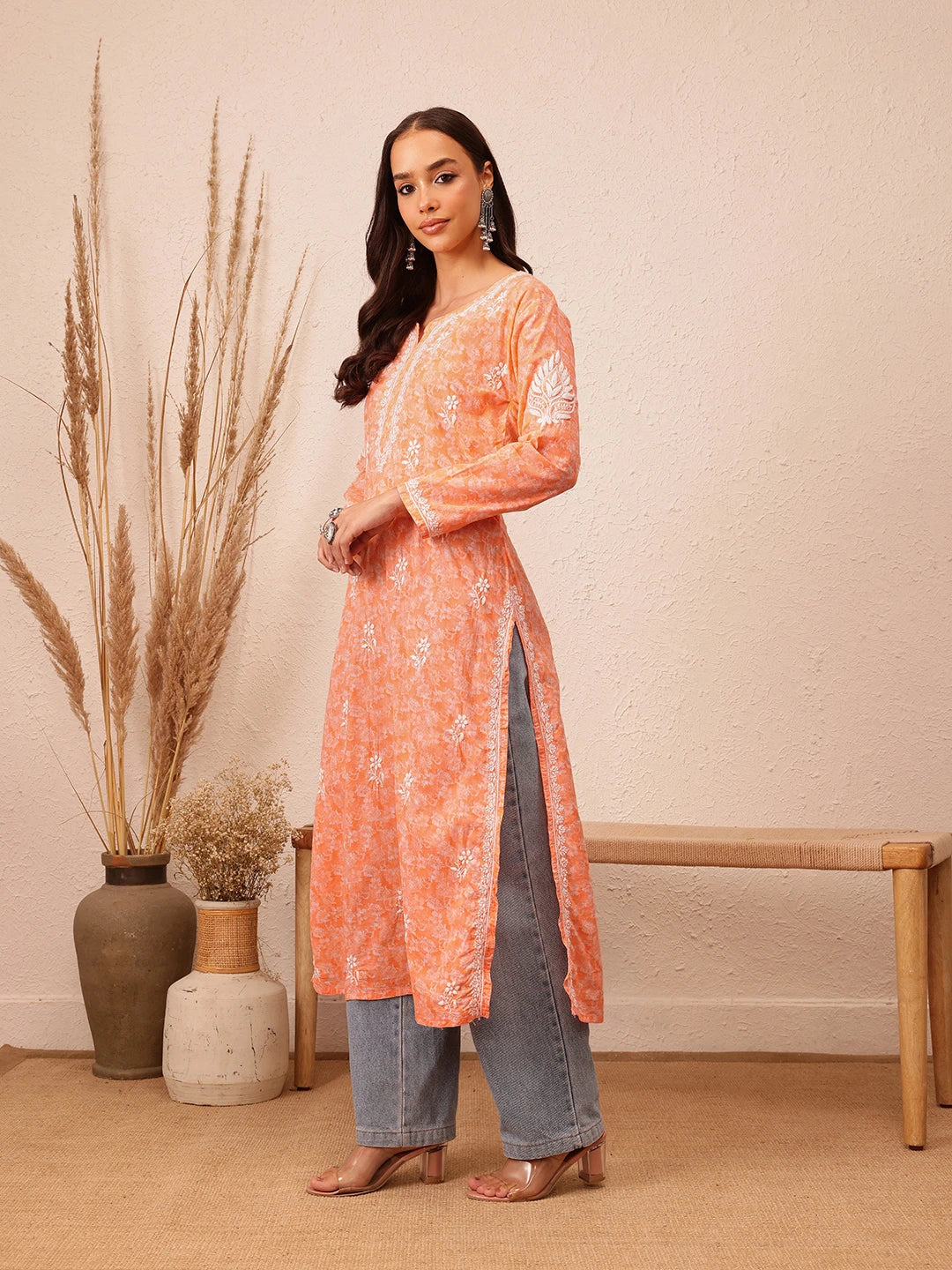 Ada Hand Embroidered Peach Cotton Lucknow Chikankari Kurta A411383