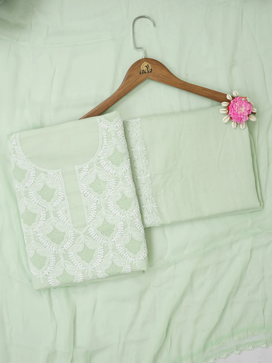 Ada Hand Embroidered Mint Green Cotton Lucknowi Chikankari Unstitched Suit Piece 01A661836
