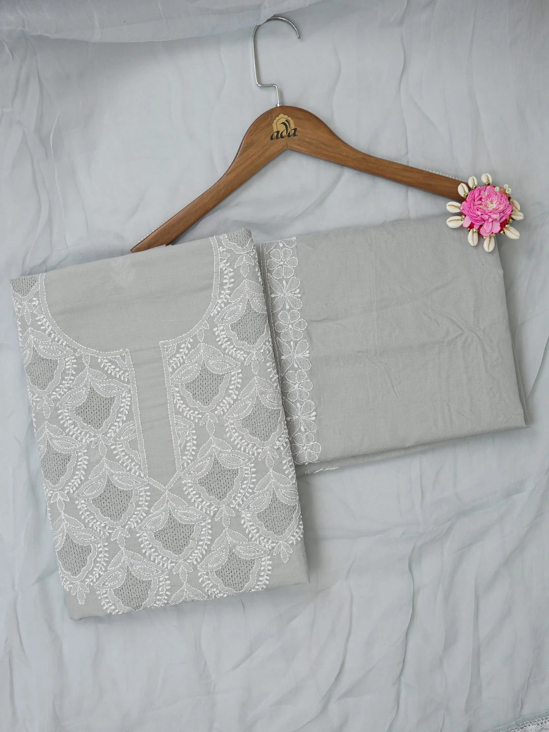 Ada Hand Embroidered Grey Cotton Lucknowi Chikankari Unstitched Suit Piece 01A661838