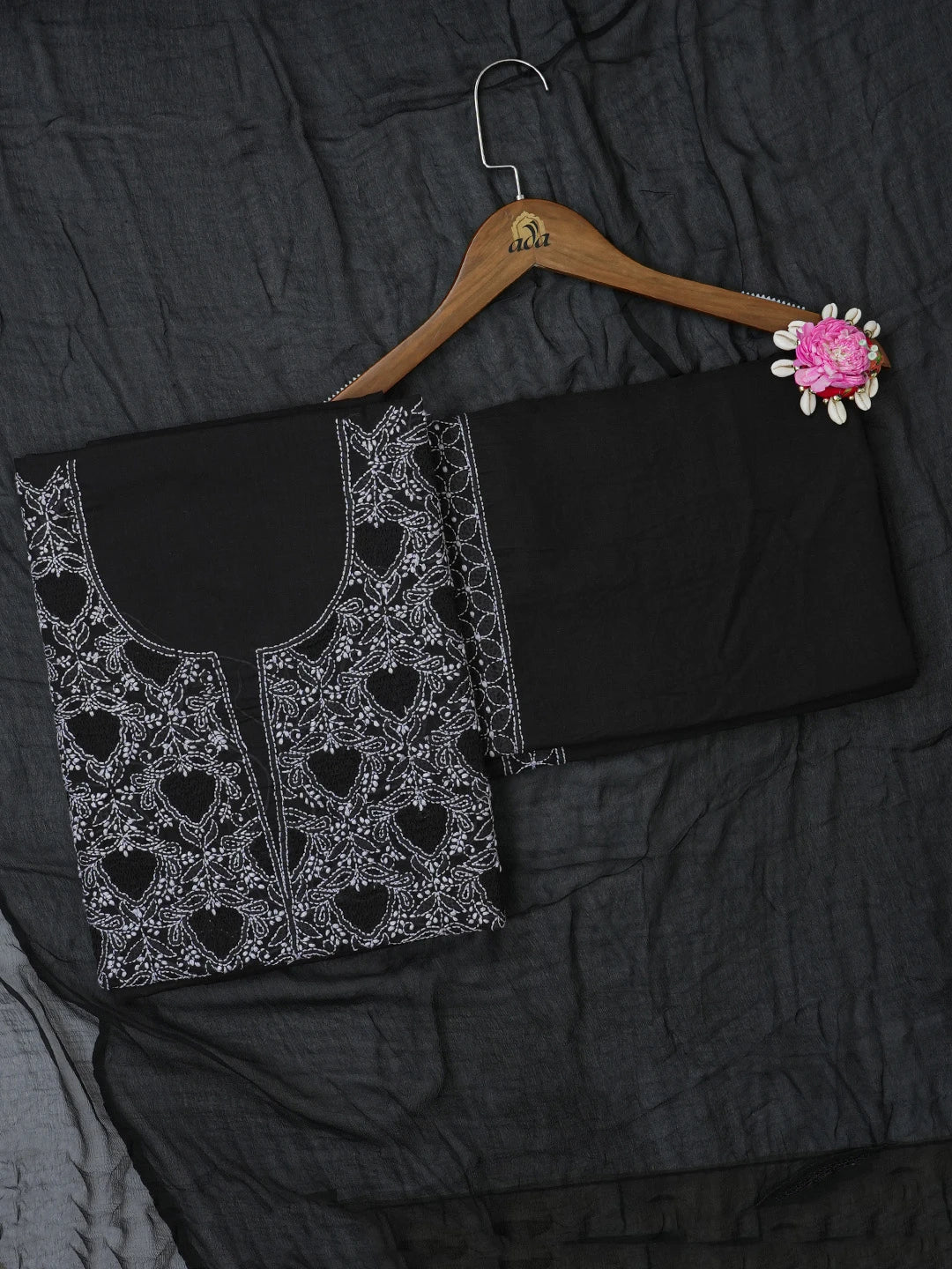 Ada Hand Embroidered Black Cotton Lucknowi Chikankari Unstitched Suit Piece 01A661800