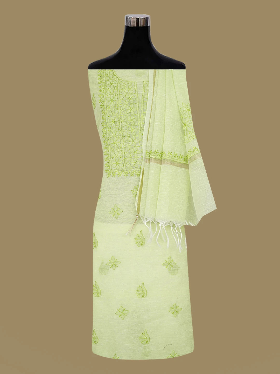 Ada Hand Embroidered Lime Green Chanderi Lucknowi Chikankari Unstitched Kurta Dupatta Set 01A661311