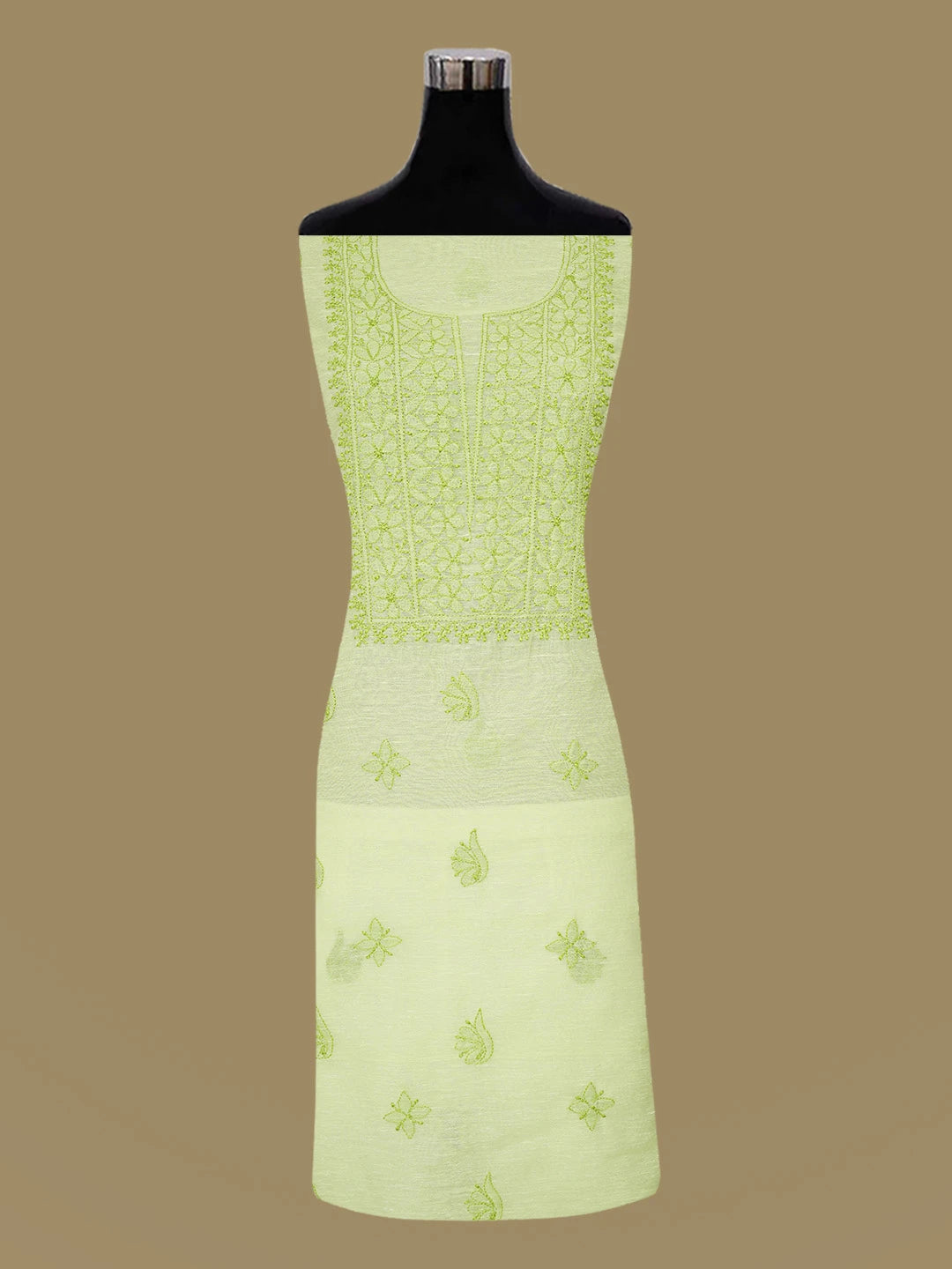 Ada Hand Embroidered Lime Green Chanderi Lucknowi Chikankari Unstitched Kurta Dupatta Set 01A661311