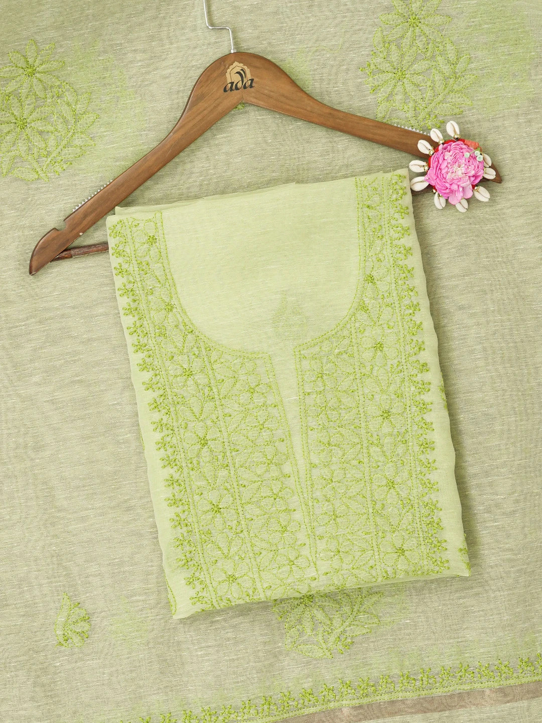 Ada Hand Embroidered Lime Green Chanderi Lucknowi Chikankari Unstitched Kurta Dupatta Set 01A661311