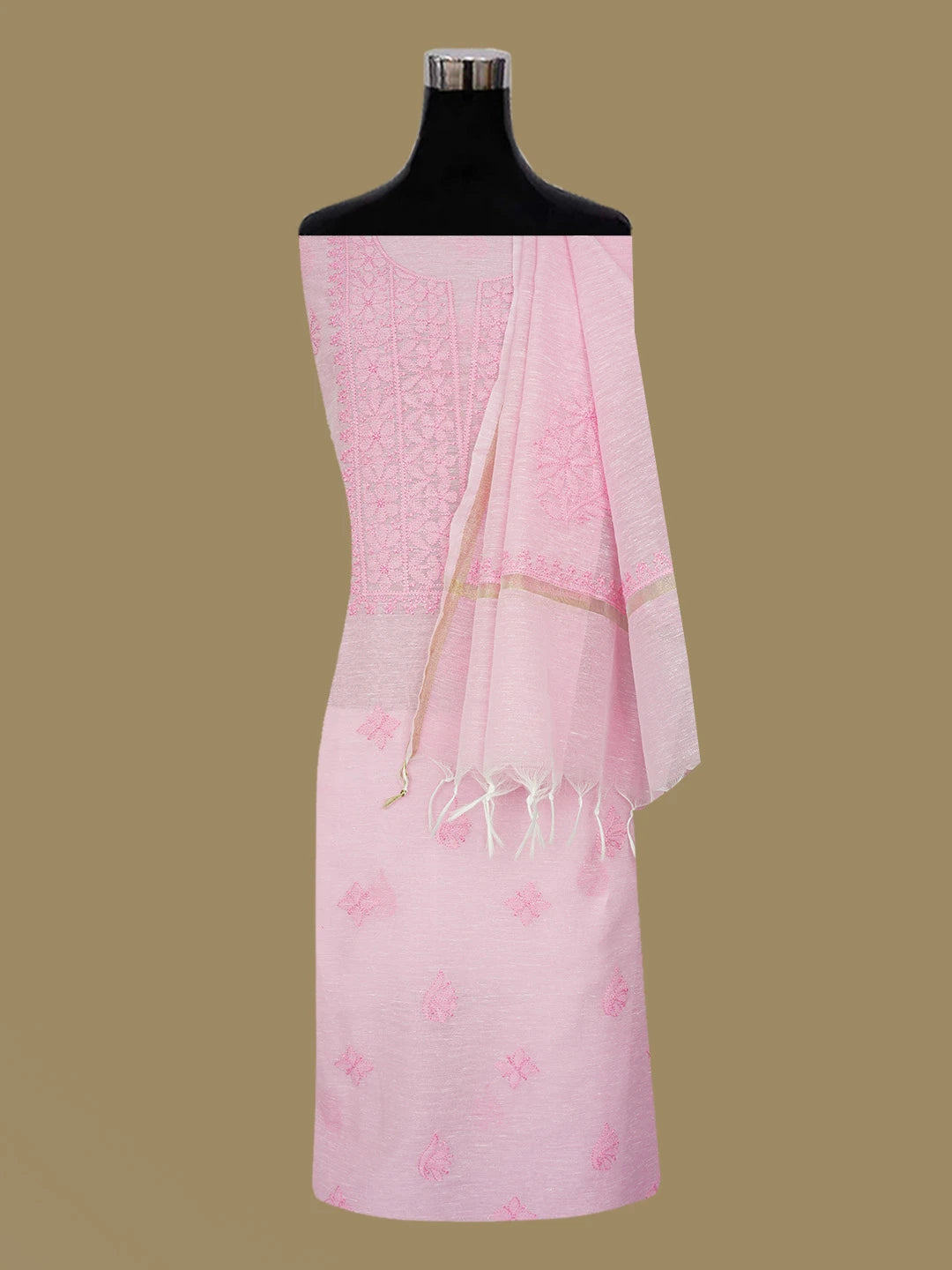 Ada Hand Embroidered Pink Chanderi Lucknowi Chikankari Unstitched Kurta Dupatta Set 01A661321