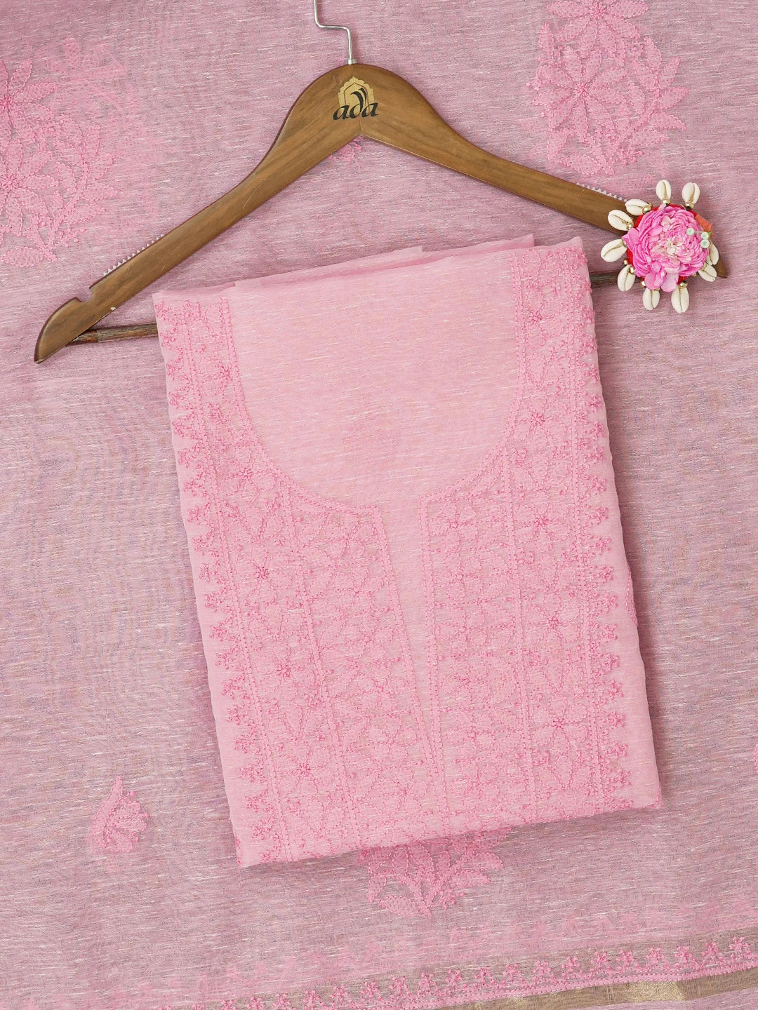 Ada Hand Embroidered Pink Chanderi Lucknowi Chikankari Unstitched Kurta Dupatta Set 01A661321