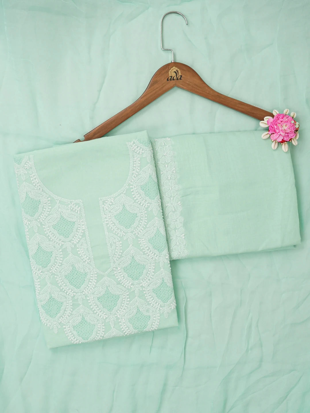Ada Hand Embroidered Sea Green Cotton Lucknowi Chikankari Unstitched Suit Piece 01A661809