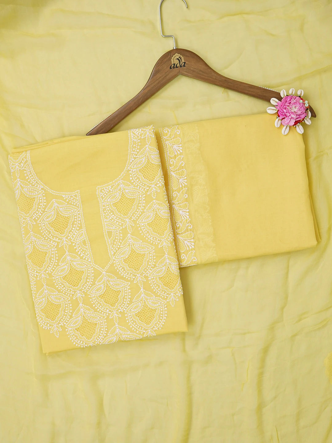 Ada Hand Embroidered Yellow Cotton Lucknowi Chikankari Unstitched Suit Piece 01A661832