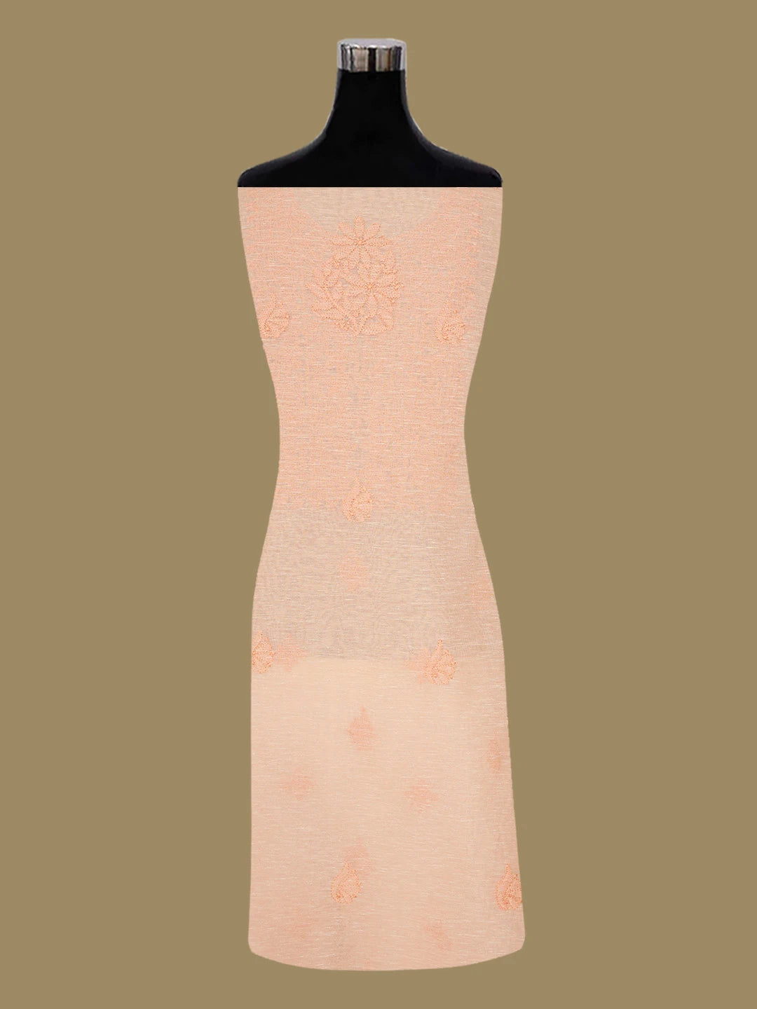Ada Hand Embroidered Creamy Peach Chanderi Lucknowi Chikankari Unstitched Kurta Dupatta Set 01A661324
