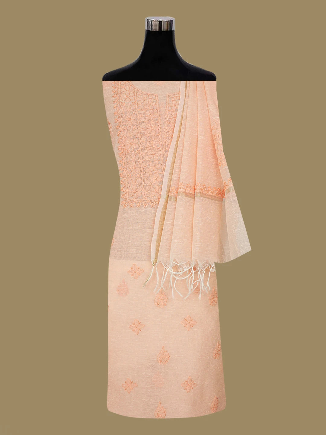 Ada Hand Embroidered Creamy Peach Chanderi Lucknowi Chikankari Unstitched Kurta Dupatta Set 01A661324