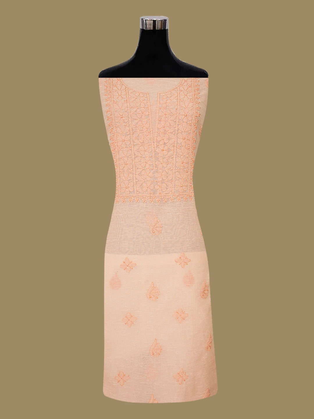 Ada Hand Embroidered Creamy Peach Chanderi Lucknowi Chikankari Unstitched Kurta Dupatta Set 01A661324