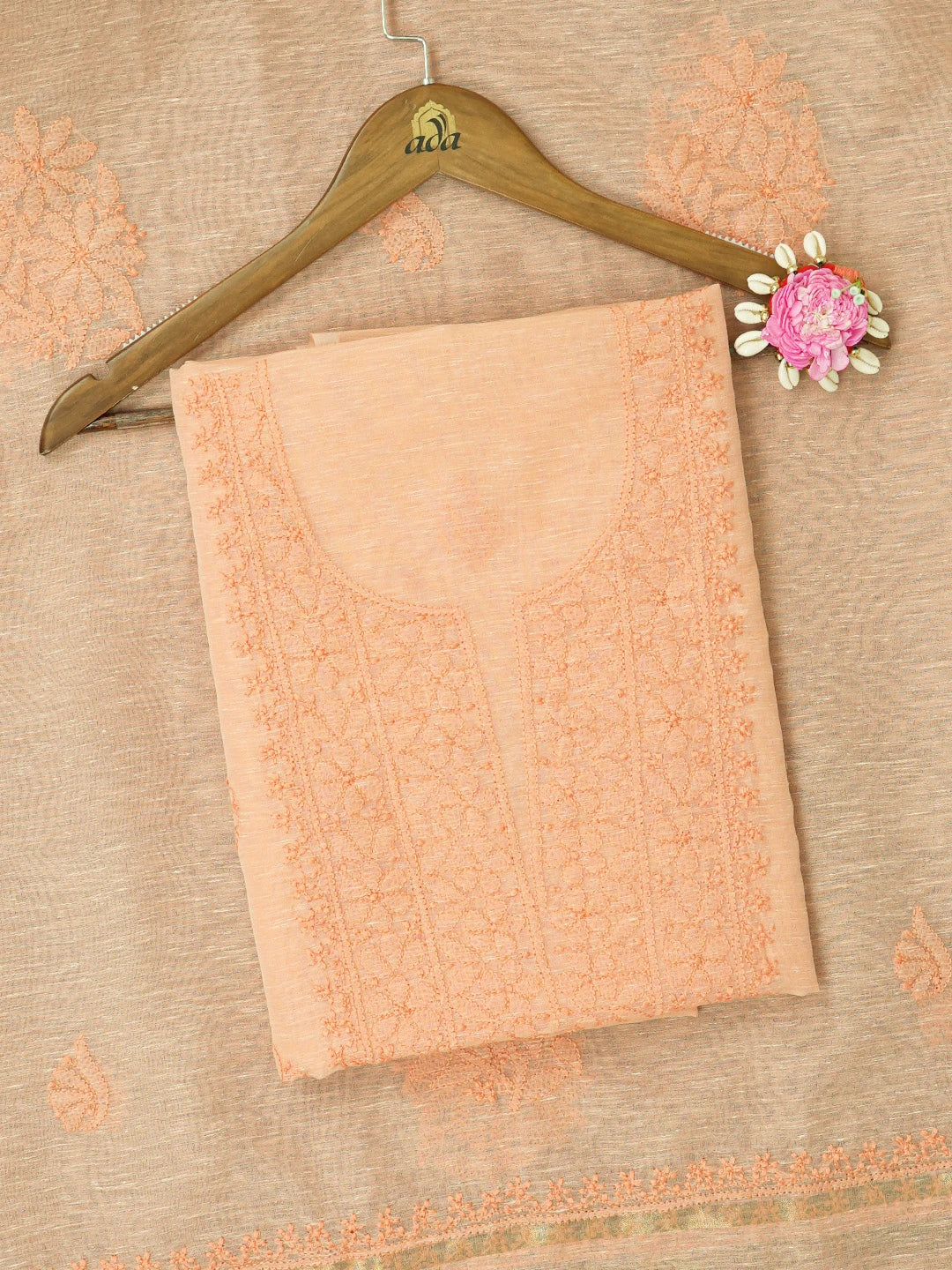 Ada Hand Embroidered Creamy Peach Chanderi Lucknowi Chikankari Unstitched Kurta Dupatta Set 01A661324