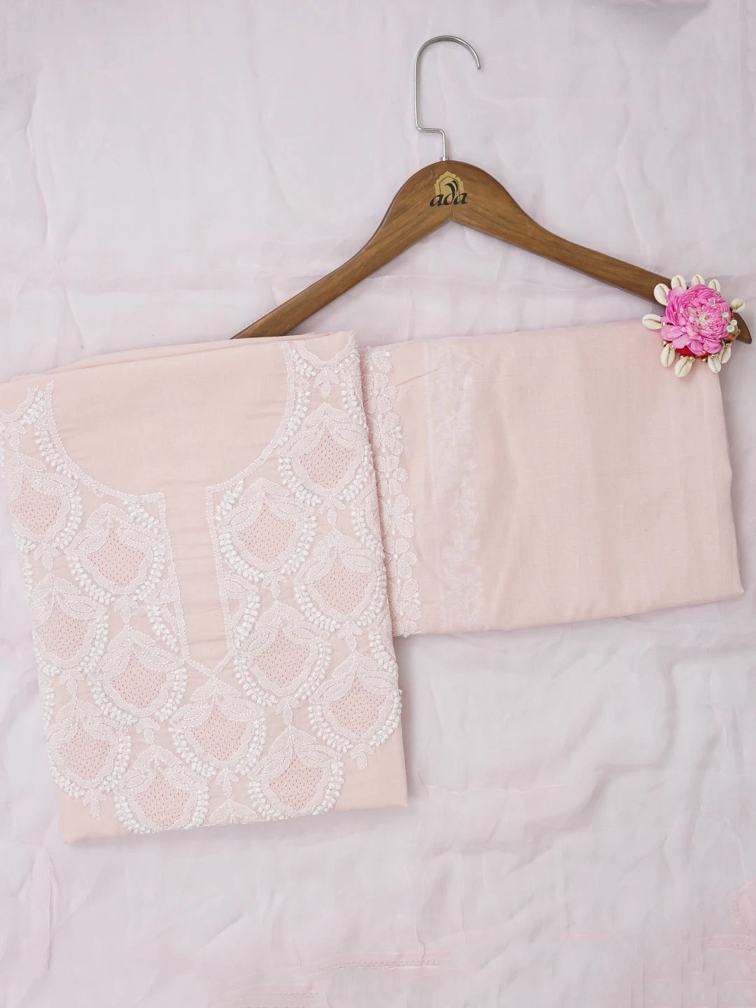 Ada Hand Embroidered Light Peach Cotton Lucknowi Chikankari Unstitched Suit Piece 01A661780