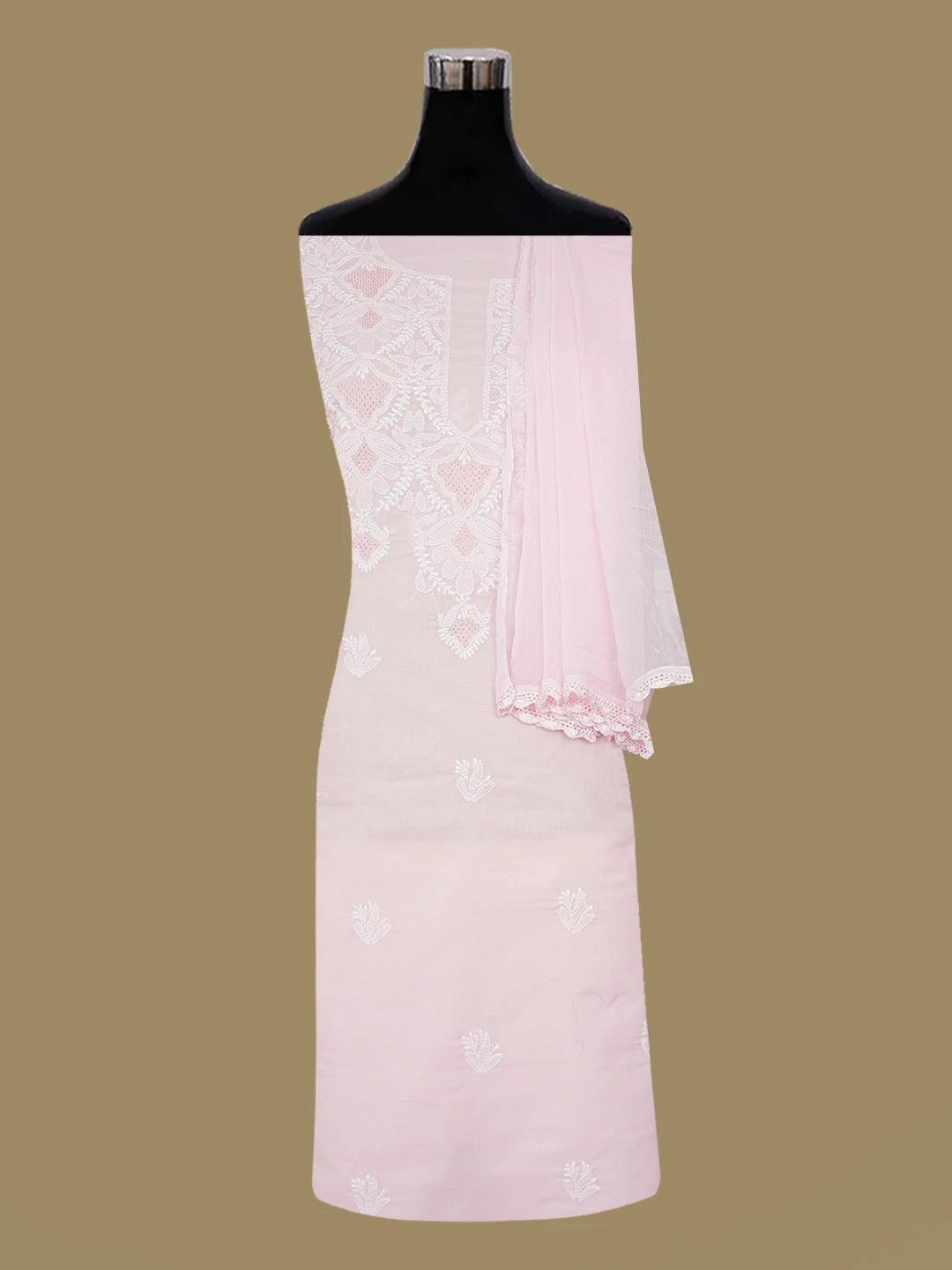 Ada Hand Embroidered Light Pink Chanderi Lucknowi Chikankari Unstitched Kurta Dupatta Set 01A661824
